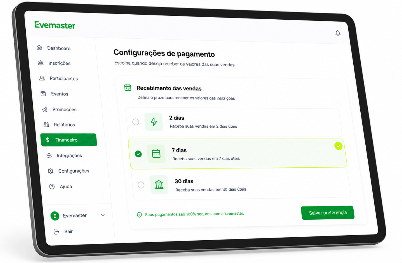 Recebimento de vendas na Evemaster